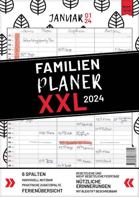 XXL Familienplaner 2025 zum Aufhängen in DIN A3. Hochwertiger und übersichtlicher Familienkalender 2025 mit 3 bis 6 Spalten, plus einer Zusatzspalte. Wandkalender inklusive gesetzlicher und nicht-gesetzlicher Feiertage, Ferien und Zusatzinfos. - Sophie Heisenberg