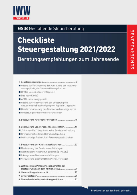 Checkliste Steuergestaltung 2021/2022 - RiFG Dipl.-Finw. Prof. Dr. Volker Kreft, Dr. Hansjörg Pflüger