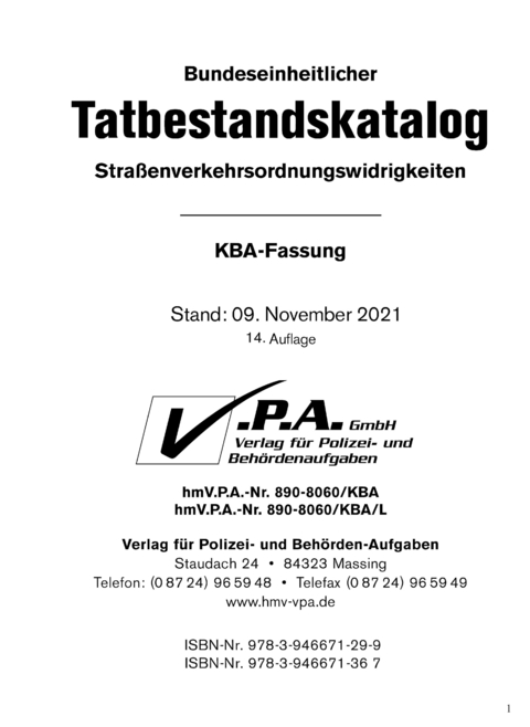 14. Ergänzung zum Bundeseinheitlichen Tatbestandskatalog, KBA-Langfassung, Stand 09. November 2021 - 