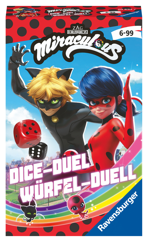 Ravensburger Mitbringspiel – 20893 – Miraculous Würfel-Duell, Spannendes Würfelspiel mit Lady Bug und Cat Noir ab 6 Jahren