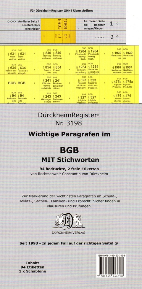 DürckheimRegister® BGB - WICHTIGE §§ MIT STICHWORTEN Im Bürgerlichen Gesetzbuch - Constantin Dürckheim