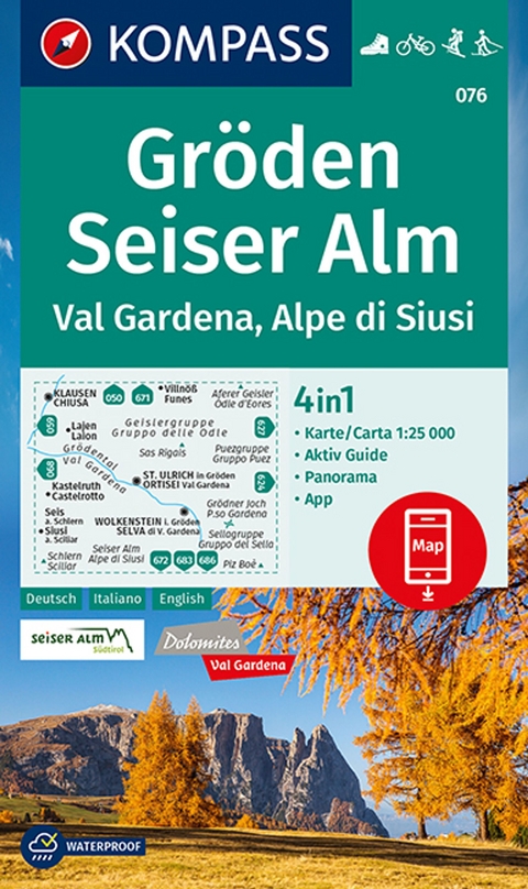 KOMPASS Wanderkarte 076 Gröden, Seiser Alm, Val Gardena, Alpe di Siusi 1:25.000