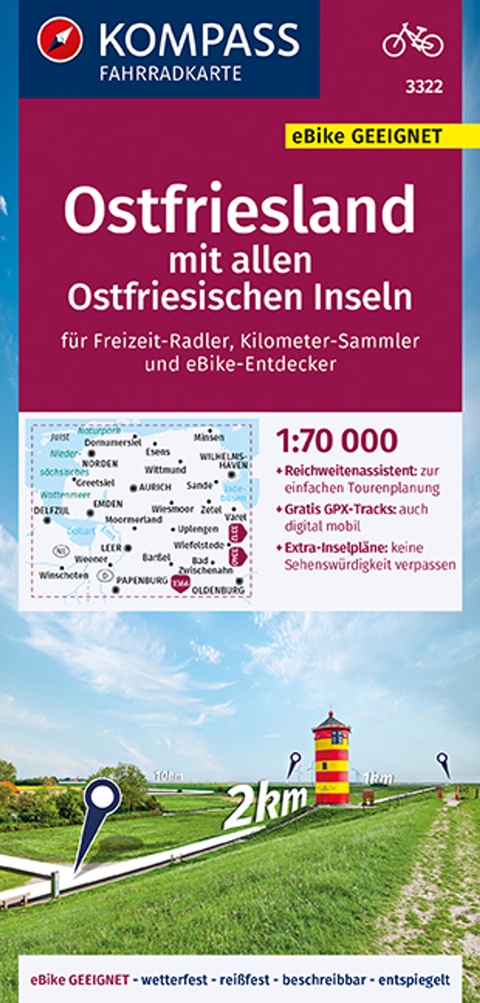 KOMPASS Fahrradkarte 3322 Ostfriesland mit allen Ostfriesischen Inseln mit Knotenpunkten 1:70.000