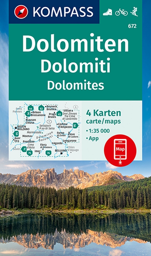 KOMPASS Wanderkarten-Set 672 Dolomiten, Dolomites, Dolomiti (4 Karten) 1:35.000