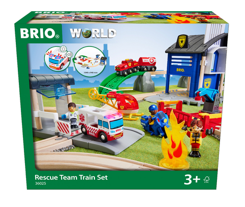 BRIO World 36025 Polizei und Feuerwehr Set Deluxe - Großes Rettungskräfte-Set mit Polizeistation, Feuerwehrzug, Löschhubschrauber und Krankenwagen - Empfohlen für Kinder ab 3 Jahren