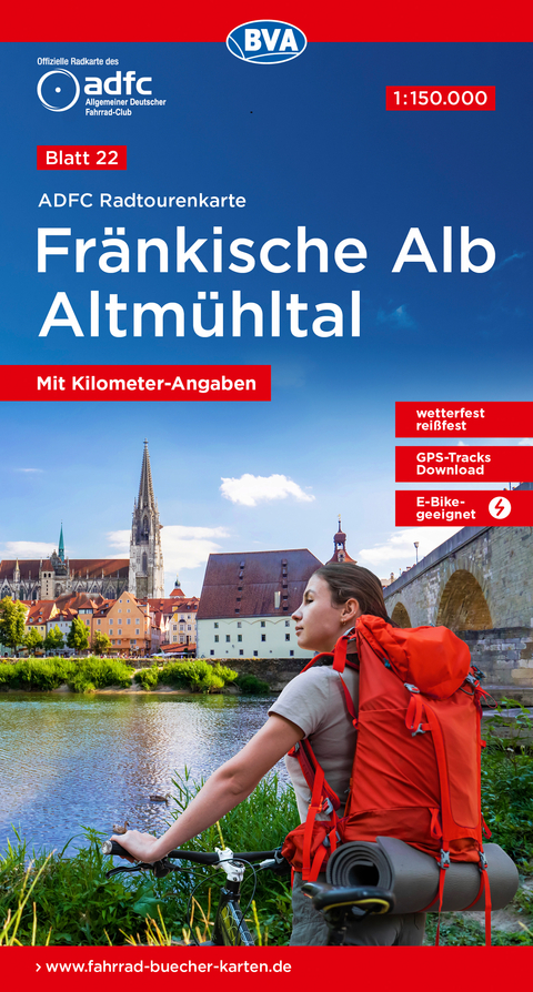 ADFC-Radtourenkarte 22 Fränkische Alb Altmühltal 1:150.000, reiß- und wetterfest, E-Bike geeignet, GPS-Tracks Download, mit Bett+Bike Symbolen, mit Kilometer-Angaben