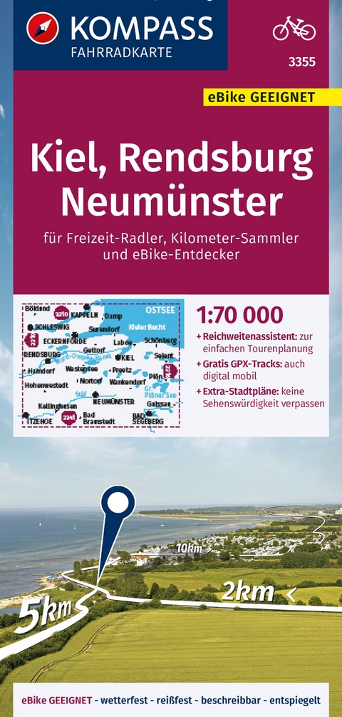 KOMPASS Fahrradkarte 3355 Kiel, Rendsburg, Neumünster 1:70.000