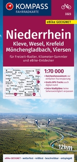 KOMPASS Fahrradkarte 3323 Niederrhein, Kleve, Wesel, Krefeld, Mönchengladbach, Viersen mit Knotenpunkten 1:70.000 - 