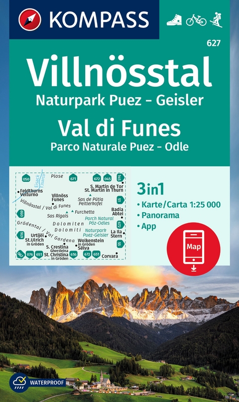 KOMPASS Wanderkarte 627 Villnösstal, Val di Funes, 1:25.000