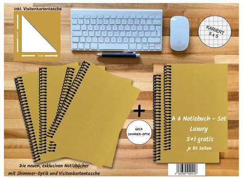 A 6 Notizbuch - Set, 4+2 gratis, Luxury 80 Seiten GOLD GMUND SHIMMER, kariert 5x5mm - 