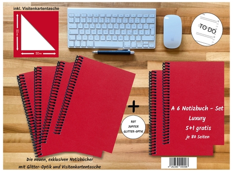 A 6 Notizbuch - Set, 4+2 gratis, Luxury 80 Seiten ROT JUPITER GLITTER-OPTIK, to do - 