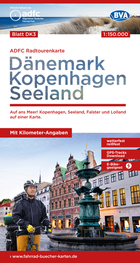 ADFC-Radtourenkarte DK3 Dänemark/Kopenhagen/Seeland 1:150.000, reiß- und wetterfest, E-Bike geeignet, mit GPS-Tracks Download, mit Bett+Bike Symbolen, mit Kilometer-Angaben