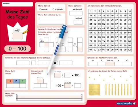 Meine Zahl des Tages 0-100 - wiederbeschreibbare Lerntafel mit Stift - Mathematik - Katrin Langhans