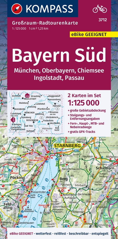 KOMPASS Großraum-Radtourenkarte 3712 Bayern Süd, Oberbayern, Chiemsee, Ingolstadt, Passau, München 1:125.000