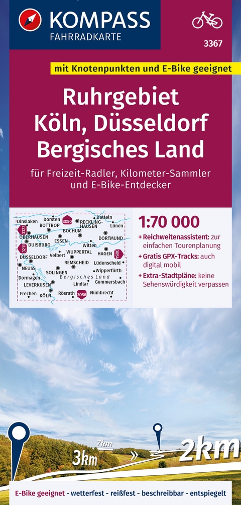 KOMPASS Fahrradkarte 3367 Ruhrgebiet, Köln, Düsseldorf, Bergisches Land mit Knotenpunkten 1:70.000