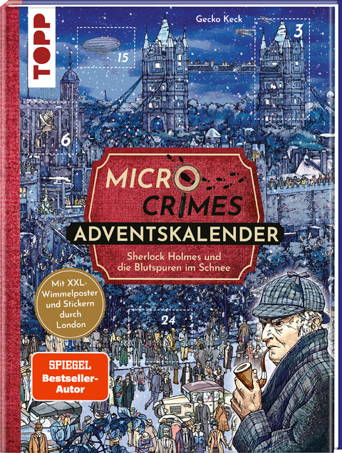 Micro Crimes Adventskalender – Sherlock Holmes und die Blutspuren im Schnee. Mit XXL-Wimmelposter und Stickern durch London - Gecko Keck, Christian Weis