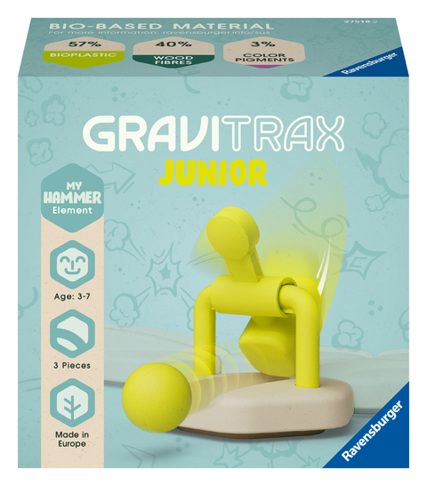 Ravensburger GraviTrax Junior Element Hammer - Erweiterbare Kugelbahn für Kinder, Murmelbahn überwiegend aus nachwachsenden Rohstoffen mit Themenwelten, Lern- und Konstruktionsspielzeug ab 3 Jahren