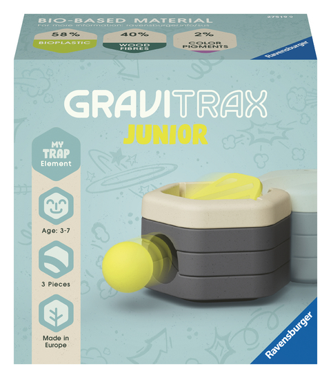 Ravensburger GraviTrax Junior Element Trap - Erweiterbare Kugelbahn für Kinder, Murmelbahn überwiegend aus nachwachsenden Rohstoffen mit Themenwelten, Lern- und Konstruktionsspielzeug ab 3 Jahren