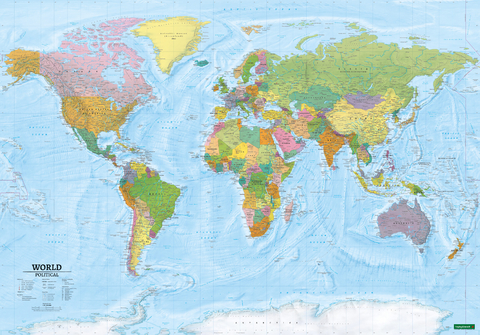 World map, political - physical, english, 1:20.000.000, Poster with metal ledges, freytag & berndt