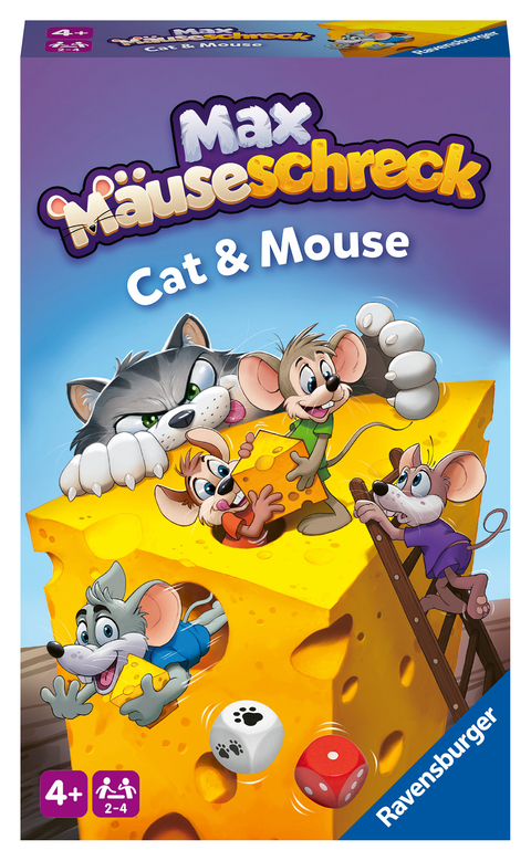 Ravensburger 22466 - Max Mäuseschreck- Kompaktes Katz & Maus Spiel für Kinder ab 4 Jahren, Würfel- und Sammelspiel für 2-4 Spieler