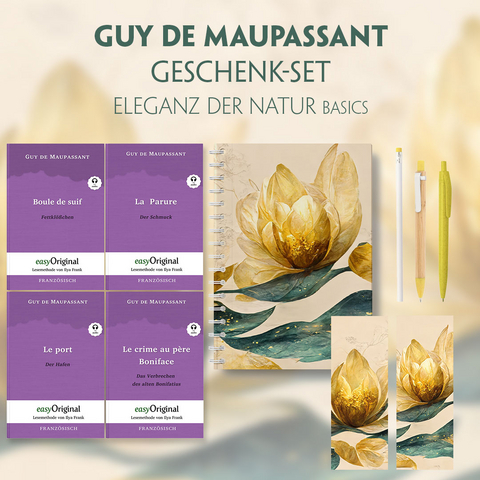 Guy de Maupassant Geschenkset - 4 Bücher (mit Audio-Online) + Eleganz der Natur Schreibset Basics - Guy de Maupassant