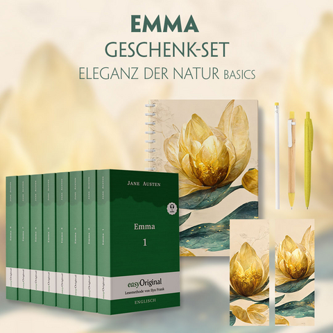 Emma Geschenkset - 8 Bücher (Softcover + Audio-Online) + Eleganz der Natur Schreibset Basics - Jane Austen