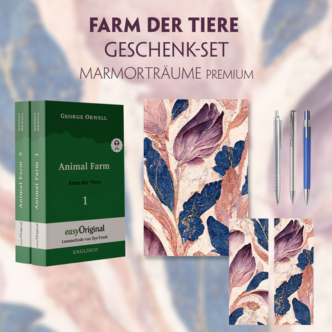 Farm der Tiere Geschenkset - 2 Teile (Buch + Audio-Online) + Marmorträume Schreibset Premium - George Orwell