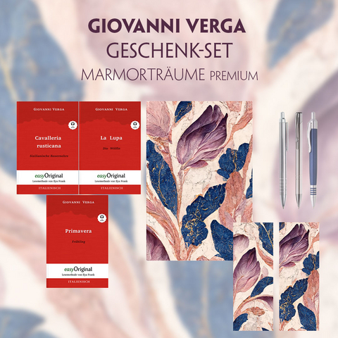 Giovanni Verga Geschenkset - 3 Bücher (mit Audio-Online) + Marmorträume Schreibset Premium - Giovanni Verga