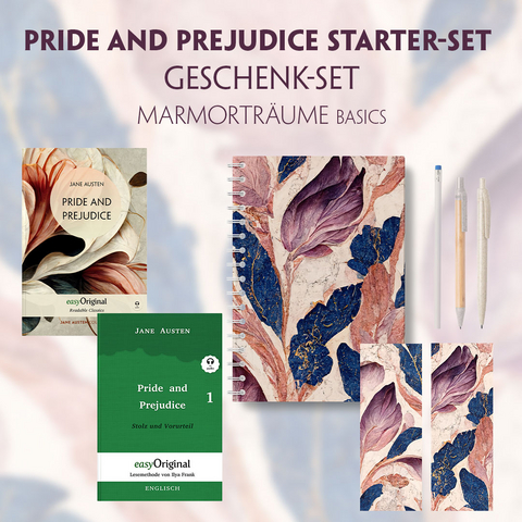 Pride and Prejudice Starter-Paket Geschenkset 2 Bücher (mit Audio-Online) + Marmorträume Schreibset Basics - Jane Austen