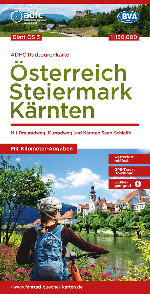 ADFC-Radtourenkarte ÖS3 Österreich Steiermark Kärnten 1:150:000, reiß- und wetterfest, E-Bike geeignet, GPS-Tracks Download, mit Bett+Bike Symbolen, mit Kilometer-Angaben