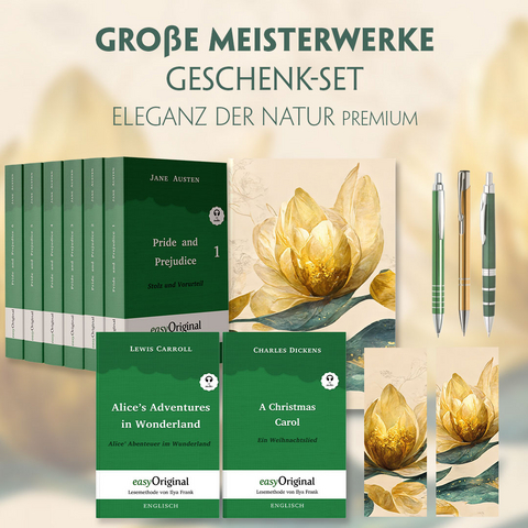 Große Meisterwerke Geschenkset - 8 Bücher (Hardcover+ Audio-Online) + Eleganz der Natur Schreibset Premium - Jane Austen, Charles Dickens, Lewis Carroll