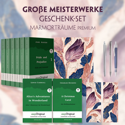 Große Meisterwerke Geschenkset - 8 Bücher (Softcover+ Audio-Online) + Marmorträume Schreibset Premium - Jane Austen, Charles Dickens, Lewis Carroll