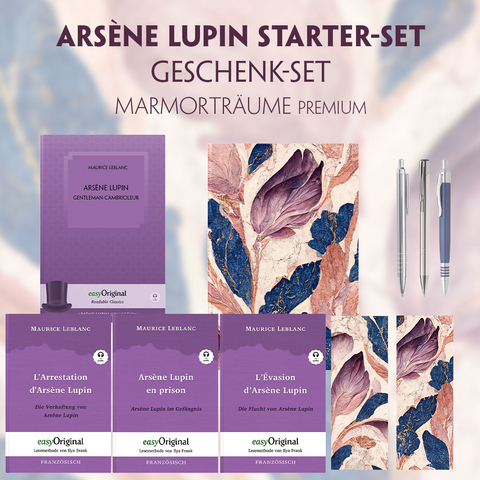 Arsène Lupin Starter-Paket Geschenkset - 4 Bücher (mit Audio-Online) + Marmorträume Schreibset Premium - Maurice Leblanc