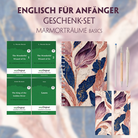 Englisch für Anfänger Geschenkset - 4 Bücher (mit Audio-Online) + Marmorträume Schreibset Basics - L. Frank Baum, John Ruskin, Hector Hugh Munro (Saki)