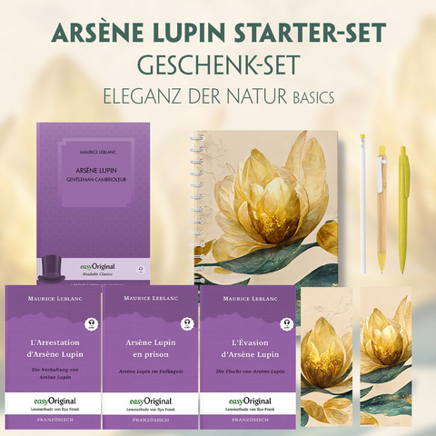 Arsène Lupin Starter-Paket Geschenkset - 4 Bücher (mit Audio-Online) + Eleganz der Natur Schreibset Basics - Maurice Leblanc