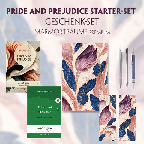 Pride and Prejudice Starter-Paket Geschenkset 2 Bücher (mit Audio-Online) + Marmorträume Schreibset Premium - Jane Austen