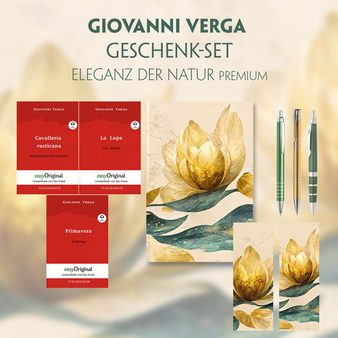 Giovanni Verga Geschenkset - 3 Bücher (mit Audio-Online) + Eleganz der Natur Schreibset Premium - Giovanni Verga