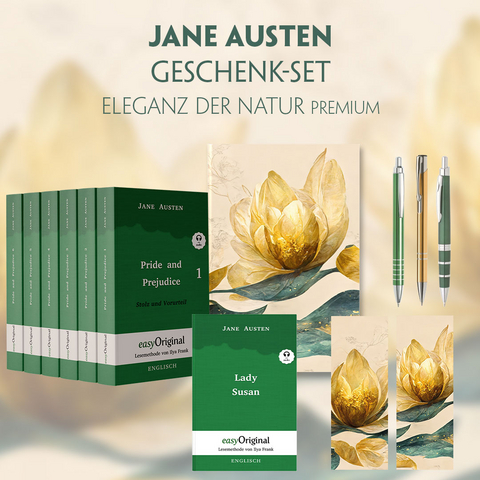 Jane Austen Geschenkset - 7 Bücher (Hardcover + Audio-Online) + Eleganz der Natur Schreibset Premium - Jane Austen