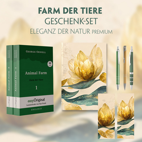 Farm der Tiere Geschenkset - 2 Teile (Buch + Audio-Online) + Eleganz der Natur Schreibset Premium - George Orwell