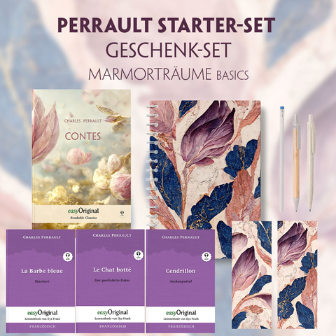 Charles Perrault Starter-Paket Geschenkset - 4 Bücher (mit Audio-Online) + Marmorträume Schreibset Basics - Charles Perrault