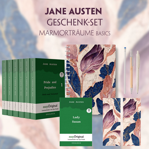 Jane Austen Geschenkset - 7 Bücher (Hardcover + Audio-Online) + Marmorträume Schreibset Basics - Jane Austen