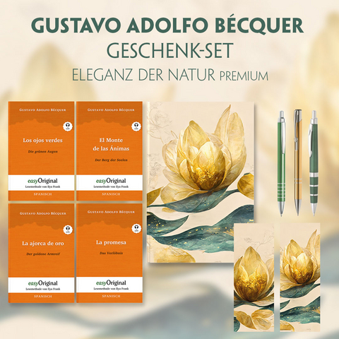 Gustavo Adolfo Bécquer Geschenkset - 4 Bücher (mit Audio-Online) + Eleganz der Natur Schreibset Premium - Gustavo Adolfo Bécquer