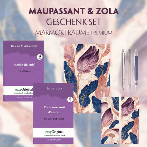 Guy de Maupassant & Émile Zola Geschenkset - 2 Bücher (mit Audio-Online) + Marmorträume Schreibset Premium - Guy de Maupassant, Émile Zola