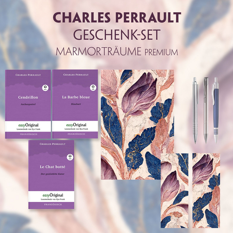 Charles Perrault Geschenkset - 3 Bücher (mit Audio-Online) + Marmorträume Schreibset Premium - Charles Perrault