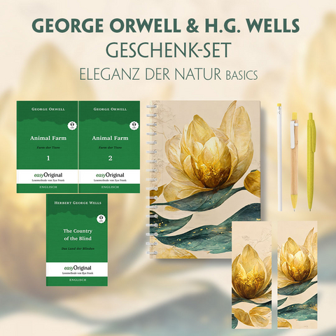 George Orwell & H.G. Wells Geschenkset - 3 Bücher (mit Audio-Online) + Eleganz der Natur Schreibset Basics - George Orwell, Herbert George Wells