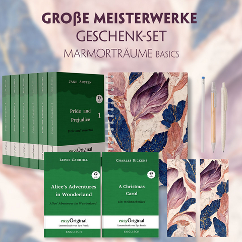 Große Meisterwerke Geschenkset - 8 Bücher (Softcover+ Audio-Online) + Marmorträume Schreibset Basics - Jane Austen, Charles Dickens, Lewis Carroll