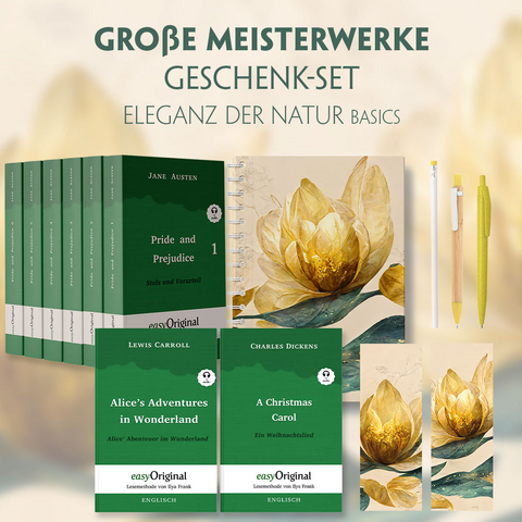 Große Meisterwerke Geschenkset - 8 Bücher (Hardcover+ Audio-Online) + Eleganz der Natur Schreibset Basics - Jane Austen, Charles Dickens, Lewis Carroll