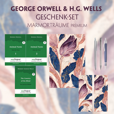 George Orwell & H.G. Wells Geschenkset - 3 Bücher (mit Audio-Online) + Marmorträume Schreibset Premium - George Orwell, Herbert George Wells