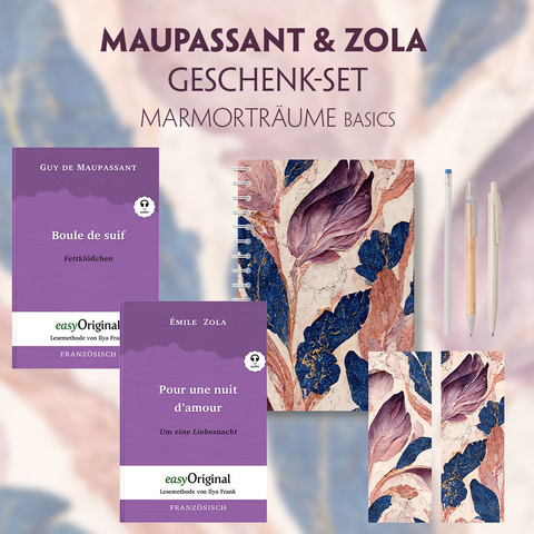 Guy de Maupassant & Émile Zola Geschenkset - 2 Bücher (mit Audio-Online) + Marmorträume Schreibset Basics - Guy de Maupassant, Émile Zola