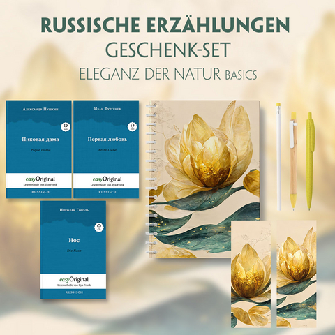 Russische Erzählungen Geschenkset - 3 Bücher (mit Audio-Online) + Eleganz der Natur Schreibset Basics - Nikolai Wassiljewitsch Gogol, Alexander Puschkin, Iwan Turgenew